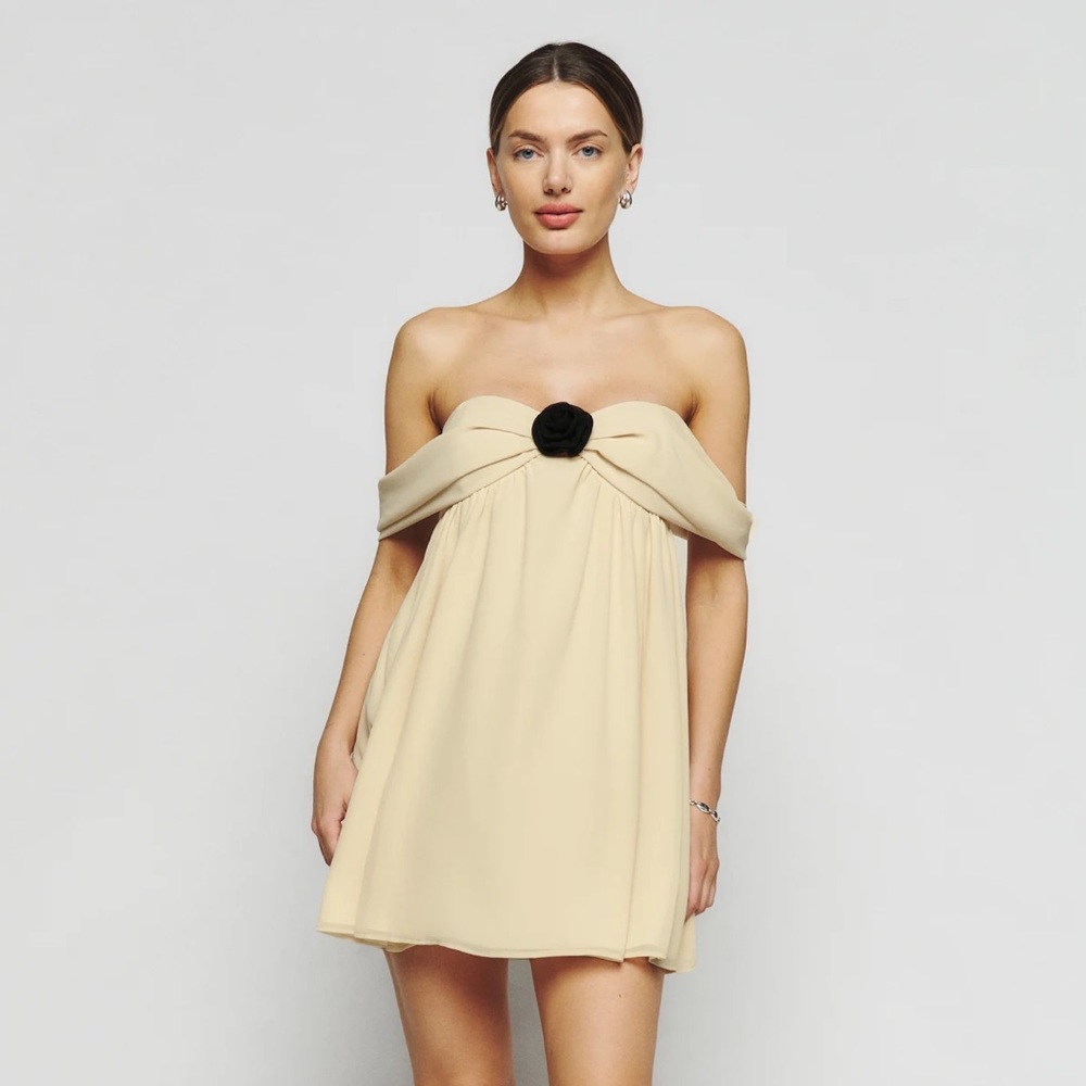 NWT Reformation Rossland Dress cream off shoulder chiffon with black rose